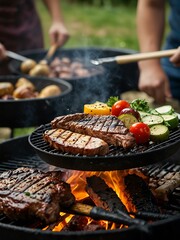 Naklejka premium Meat sizzling on the barbecue with friends gathered.