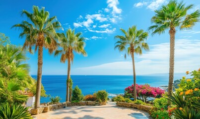 Fototapeta premium Tropical paradise view with palm trees, ocean, and vibrant flowers. Bright blue sky, serene water, lush greenery create idyllic atmosphere.