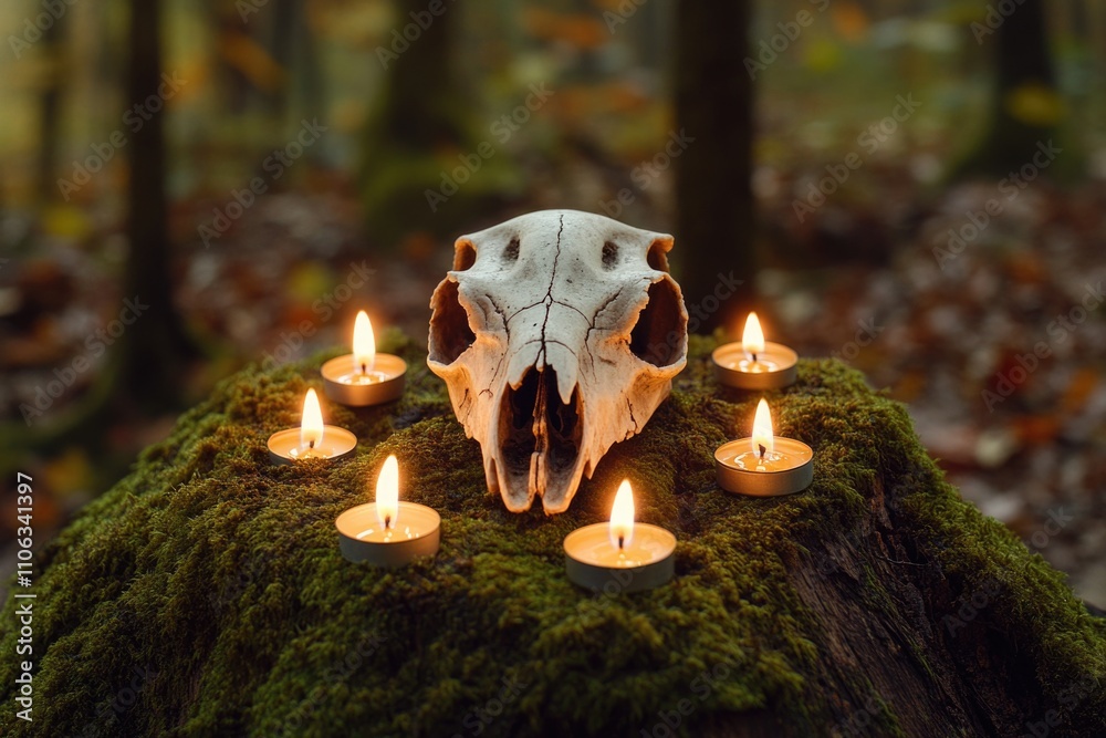 Poster a close-up shot of a deer skull with candles lit around it, perfect for use as a symbol of remembran