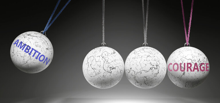Ambition and Courage - cause and effect relationship. A Newton cradle metaphor showing how ambition results in courage. It initiates courage. ,3d illustration