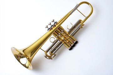 Obraz premium A golden trumpet sitting on a white surface, ideal for music-related compositions or as a decorative element