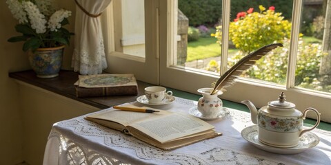 Elegant tea setting with a book and quill by the window in a serene garden view during daylight