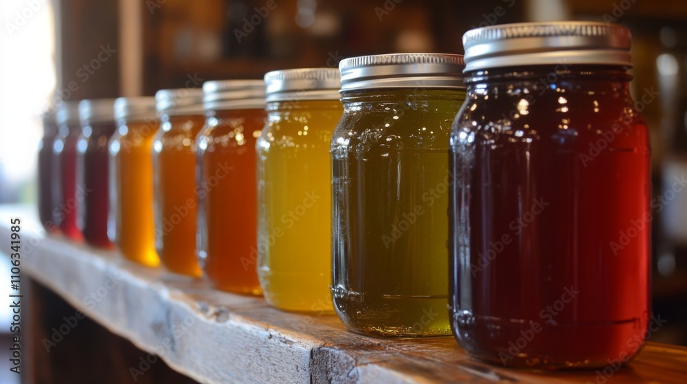 Poster Multiple glass jars filled with colorful juices line a rustic wooden shelf in a cozy setting. Each jar showcases a different type of juice, highlighting vibrant colors and textures, inviting tasting.