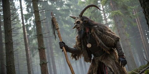 Dark forest creature with horns and staff walking through misty woods during the twilight hours