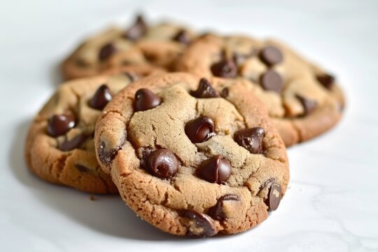 Freshly baked chocolate chip cookies on a white surface