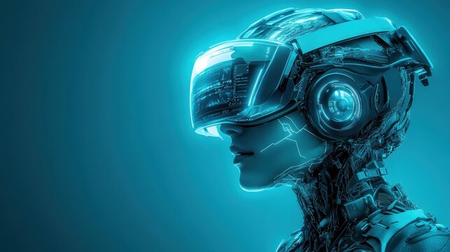 Ciberpunk ser humanoide con casco de realidad virtual