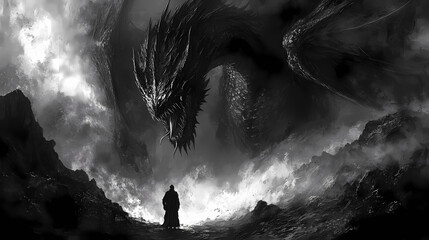 Obraz premium Illustrate a foreboding scene with an evil black dragon. Draconic. Illustration