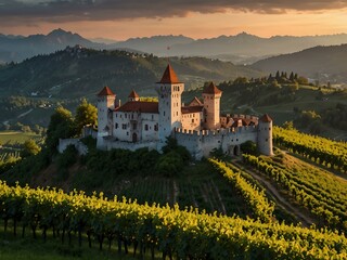 Naklejka premium Medieval castle on a hill with vineyards at sunset in the Alps.