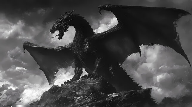 Illustrate a foreboding scene with an evil black dragon. Draconic. Illustration