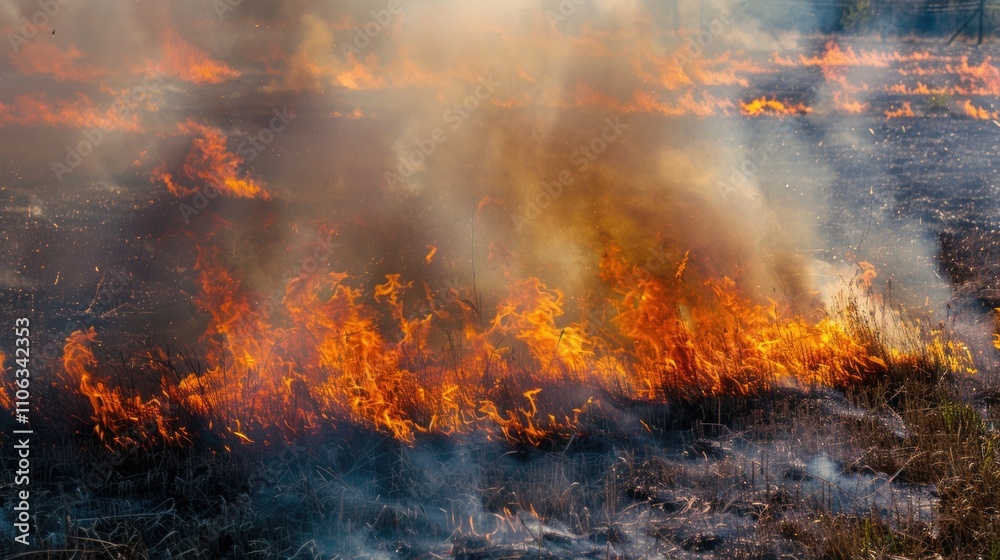 Poster a fire burning in an open field with grass and wildflowers surrounding it