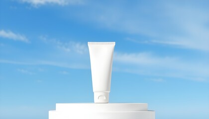 Front view of a white plastic tube displayed on a round podium on blue sky background.
