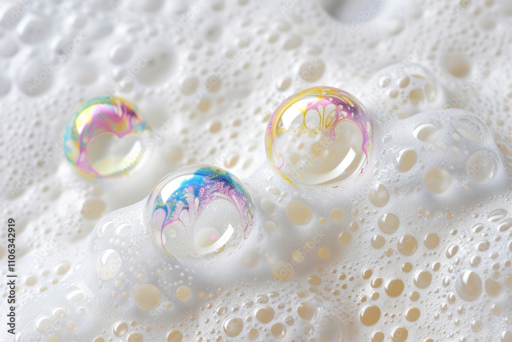 Poster a close-up shot of soap bubbles on a white surface