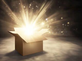 Glowing light beams emerging from an open cardboard box