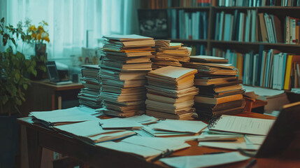 Business office table or desk full of pile or stack of many papers, paperwork documents, bureaucracy.