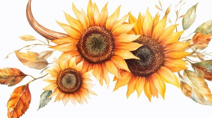 A vibrant still life image featuring three sunflowers with lush green leaves