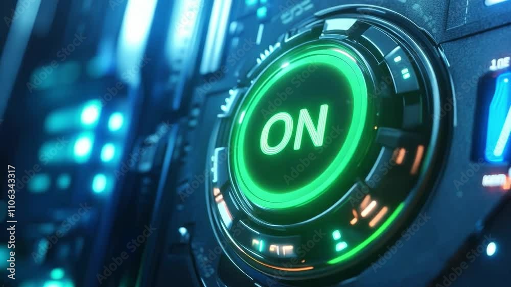 Poster illuminated on button activates high-tech interface in abstract digital environment