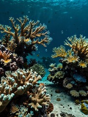 Medium shot of a coral reef with bubbles underwater.