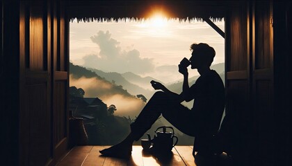 A person sipping tea while sitting on a porch, silhouette, action photography, aesthetics,