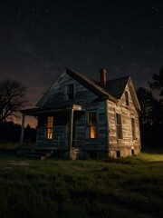 Medium shot of an eerie abandoned house at night.
