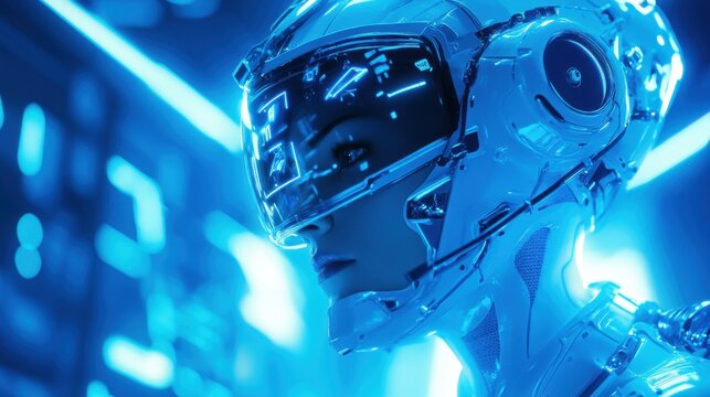 Figura futurista con casco en un entorno tecnol&oacute;gico