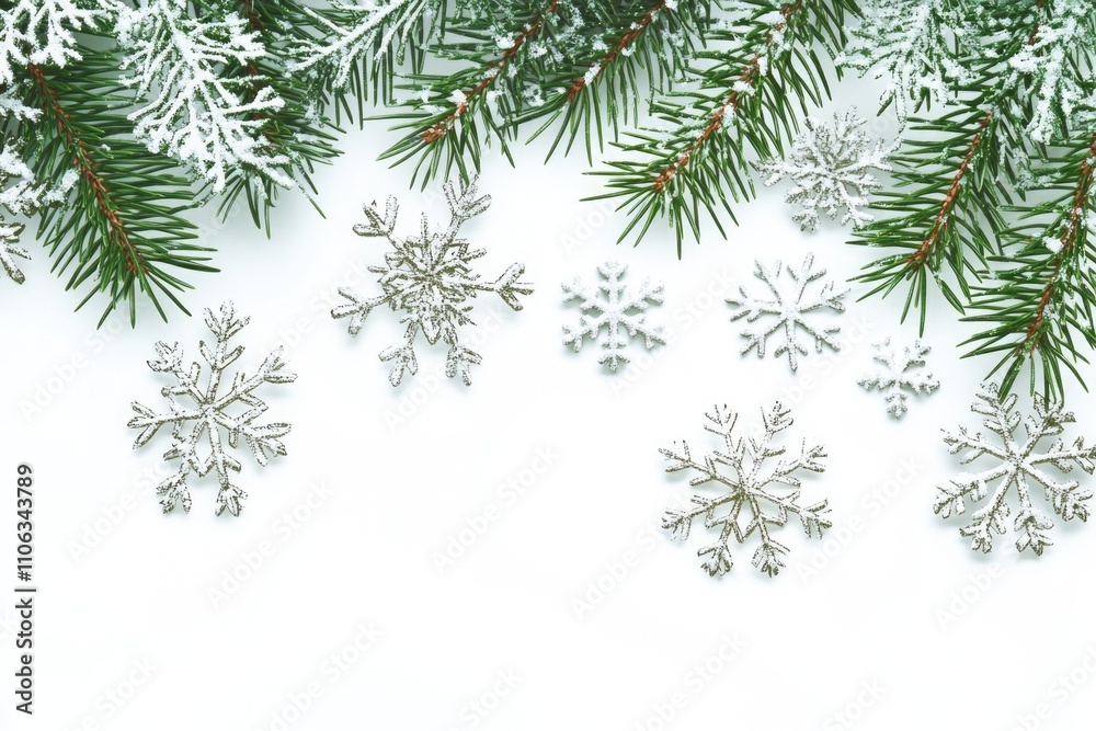 Poster a cluster of snowflakes perched on a pine tree branch, surrounded by winter scenery
