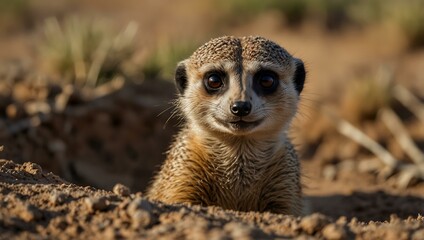 Fototapeta premium Meerkat peeking from its burrow in natural habitat.