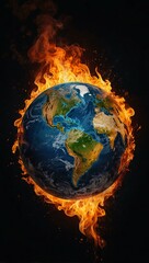 Melting Earth globe with fire and flames.