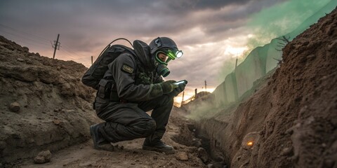 Soldier in protective gear checks phone while crouching in trench at dusk during military operation