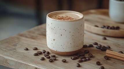 A cozy coffee cup sits on a wooden table, surrounded by coffee beans and a cinnamon stick.