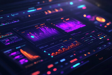 Obraz premium Computer screen with colorful lights, illuminating a dark room, creating a mesmerizing display of patterns and shapes against a black background.