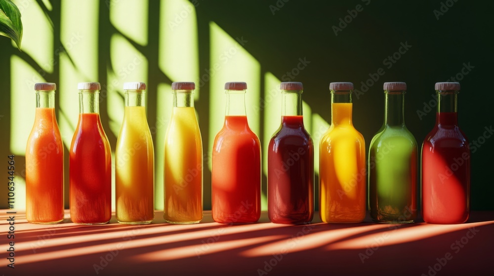 Poster a collection of vivid juice bottles sits neatly on a table, showcasing a variety of flavors.