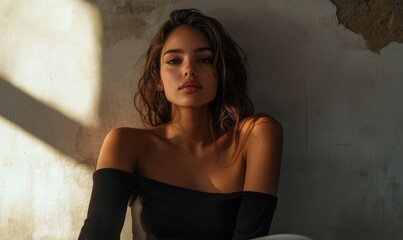 Fototapeta premium Woman in an off-shoulder top seated with a neutral expression, embracing minimalistic style