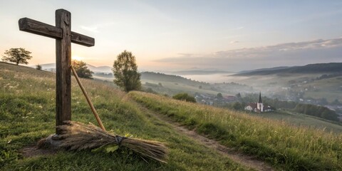 Sunrise over a serene valley with a wooden cross and a village in the distance