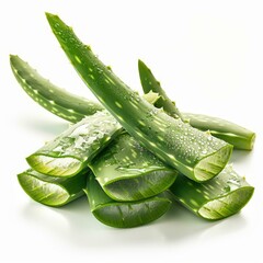 Fresh aloe vera leaves cut open, showcasing the gel inside, glistening with water droplets.