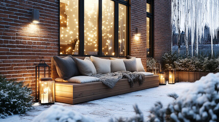 Cozy Winter Patio Scene Snow Lights Wooden Bench Candles