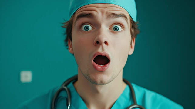 Portrait of shocked amazed surprised face expression young man male doctor in uniform isolated. health care medicine specialist astonished, emergency, hospital clinic job, panic.