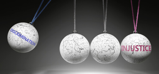 Discrimination and Injustice - cause and effect relationship. A Newton cradle metaphor showing how discrimination results in injustice. It initiates injustice. ,3d illustration