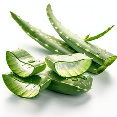 Fresh aloe vera leaves sliced, showing gel, isolated on white background.  Natural skincare ingredient.