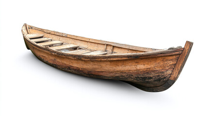 Vintage retro old rustic wooden fishing boat isolated on white background. river or lake water nature rowing, small vessel.