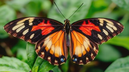Fototapeta premium A small butterfly perched on a green leaf, its wings spread out