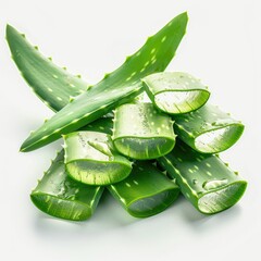 Fresh aloe vera leaves sliced, showcasing their gel and vibrant green color.
