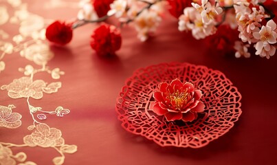 Obraz premium Chinese new year podium, Chinese festivals, Mid Autumn Festival, with red paper cut, flower, and Asian elements on the background