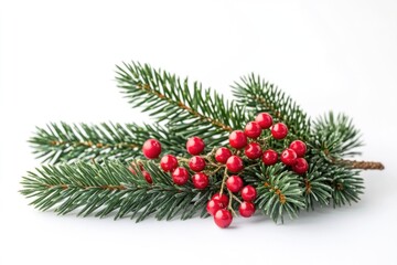 A close-up shot of a Christmas tree branch decorated with bright red berries, perfect for holiday designs and winter-themed projects