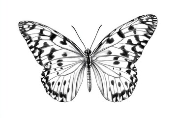 A close-up image of a black and white butterfly on a white background