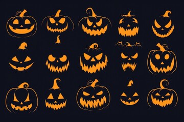 Collection of Halloween pumpkins on a dark background