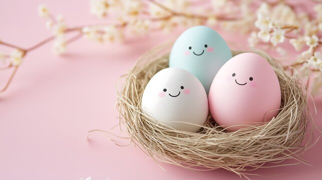 Pastel colored Easter eggs in a nest with cute smiling faces on pink background with copy space. Easter theme.