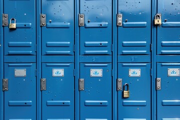 A group of blue lockers with locks in various states, including open and closed
