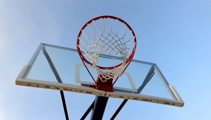 Low-angle shot of basketball hoop and outdoor sports scene.