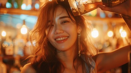Asian woman shaking a cocktail mixer energetically, neon lights creating a vivid scene, bar patrons enjoying their drinks and the lively atmosphere