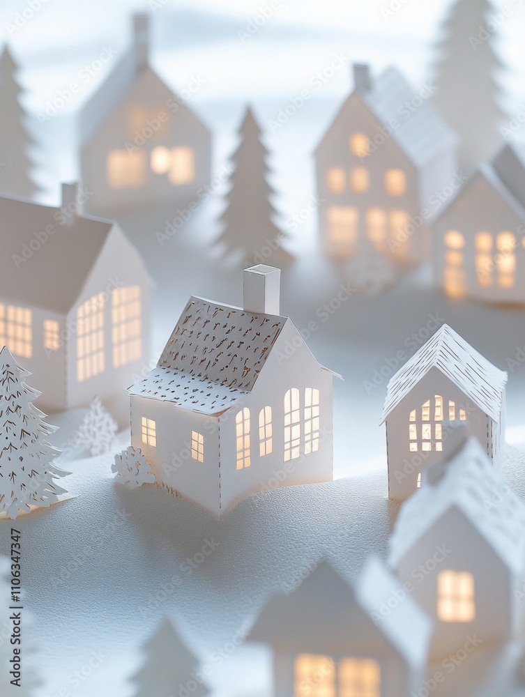 Poster a charming collection of paper-cut houses is softly illuminated, creating a warm ambiance on a snowy